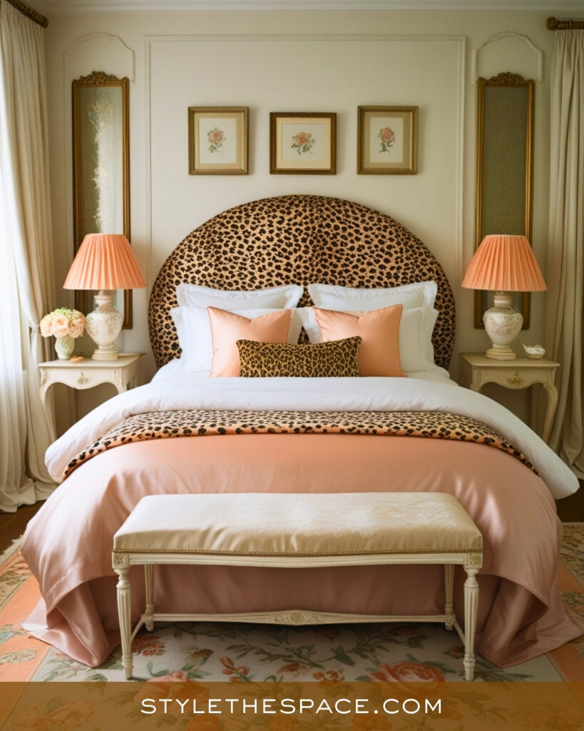 Soft Peach and Leopard Print Bedroom with Classic Elegance
