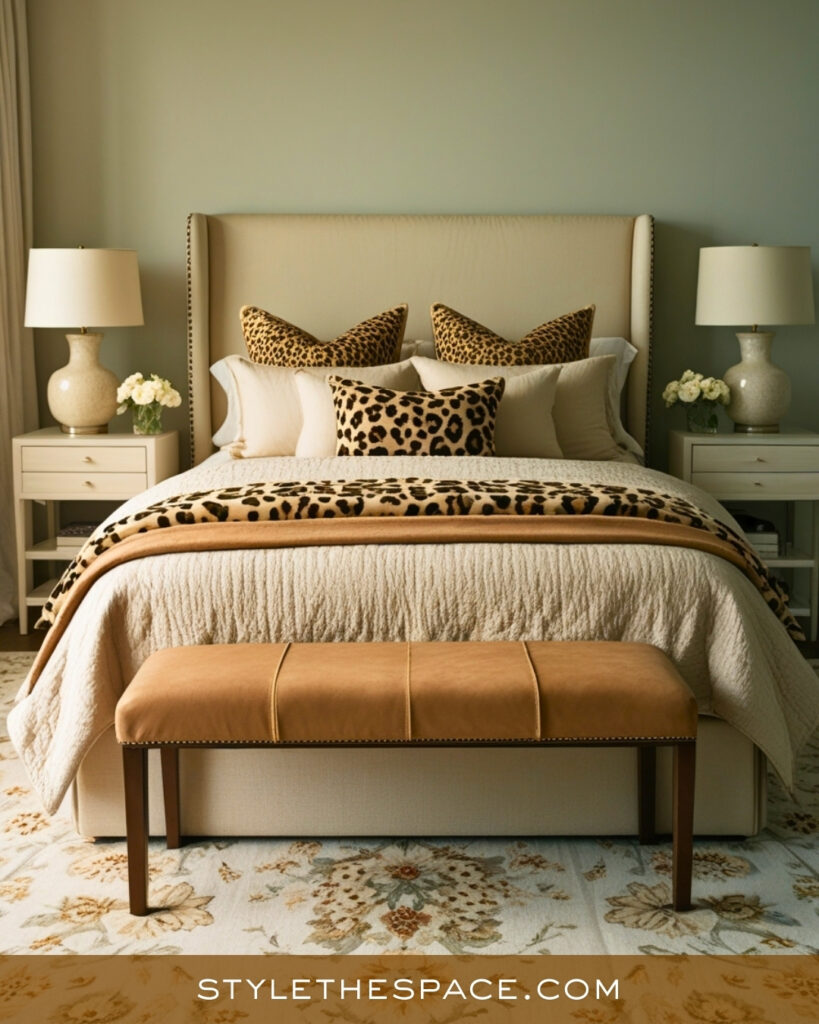 Neutral Leopard Print Bedroom with Soft Green Walls