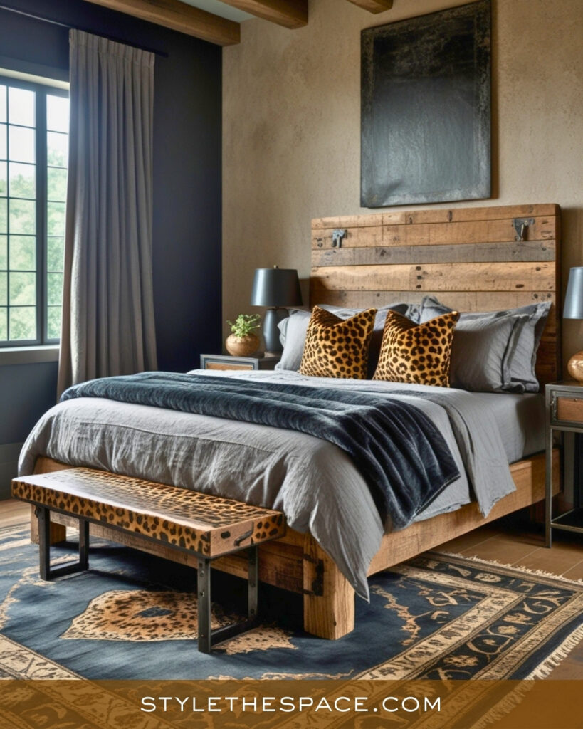 Rustic Leopard Print Bedroom with Dark Neutrals
