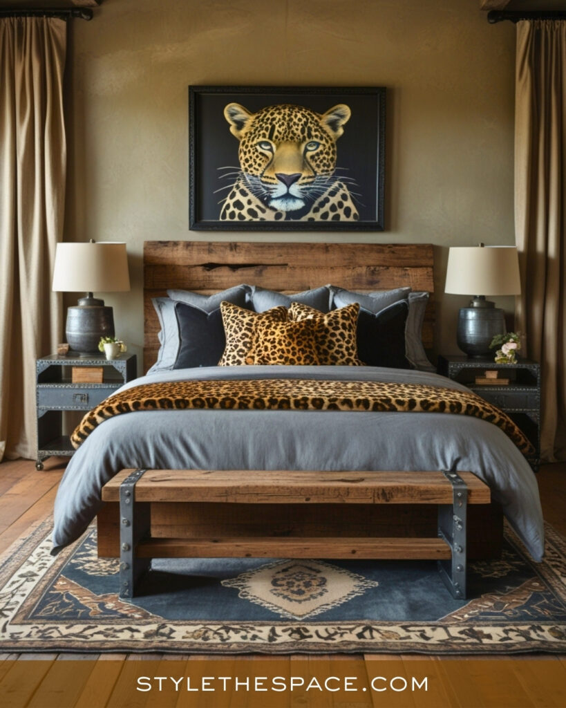 Rustic Leopard Print Bedroom with Dark Neutrals