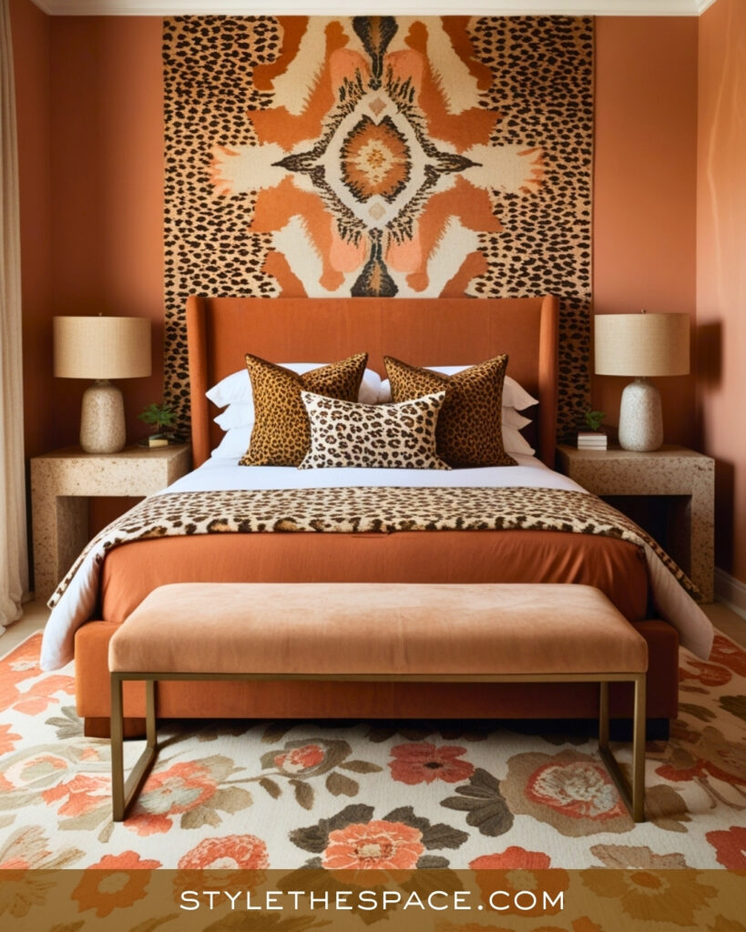 Warm Terracotta Leopard Print Bedroom with Modern Elegance