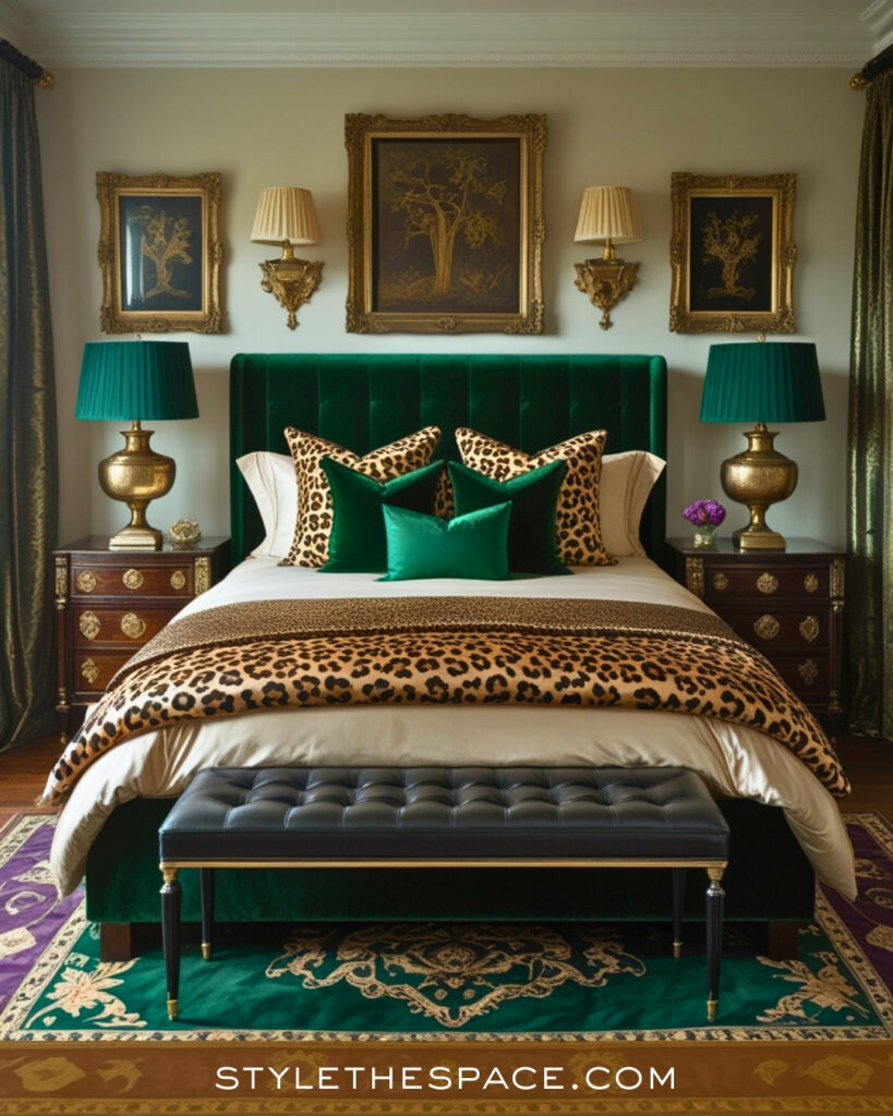 Emerald Green and Leopard Print Bedroom with Classic Elegance