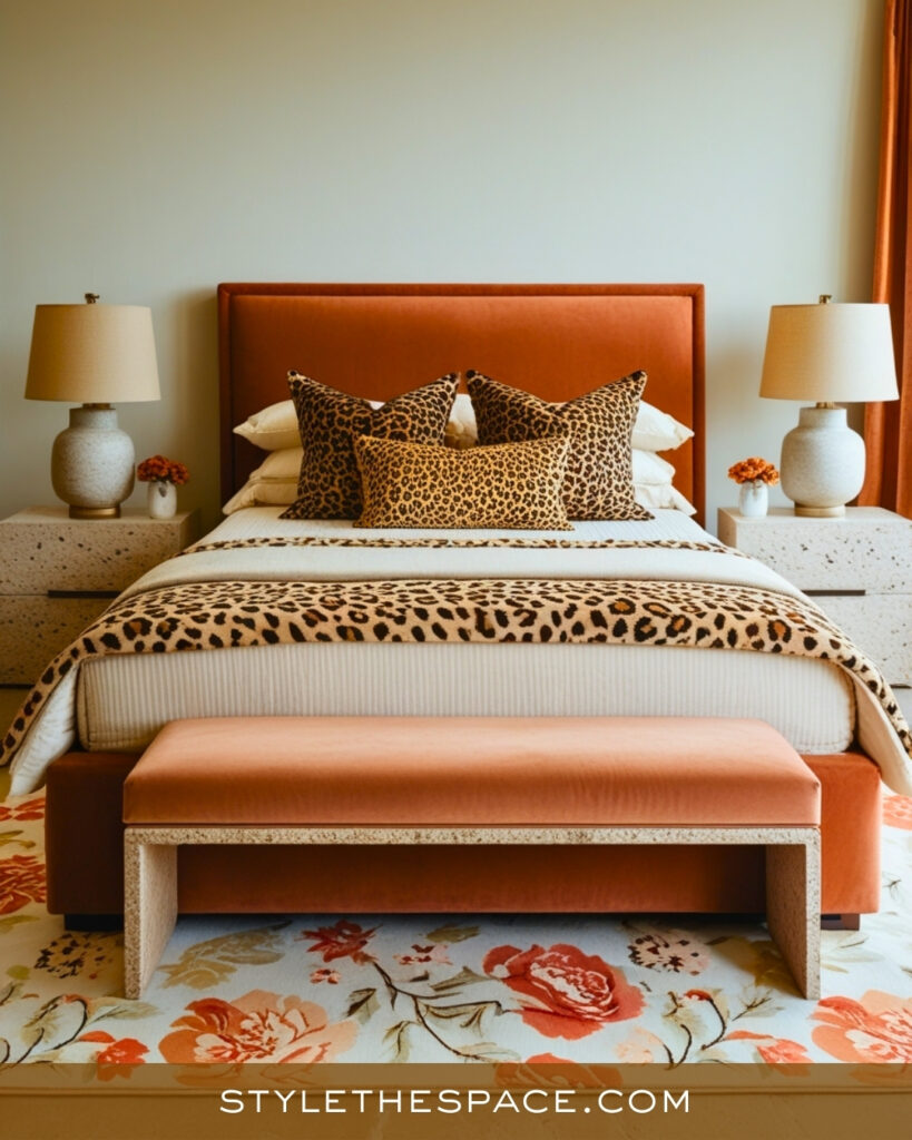 Warm Terracotta Leopard Print Bedroom with Modern Elegance
