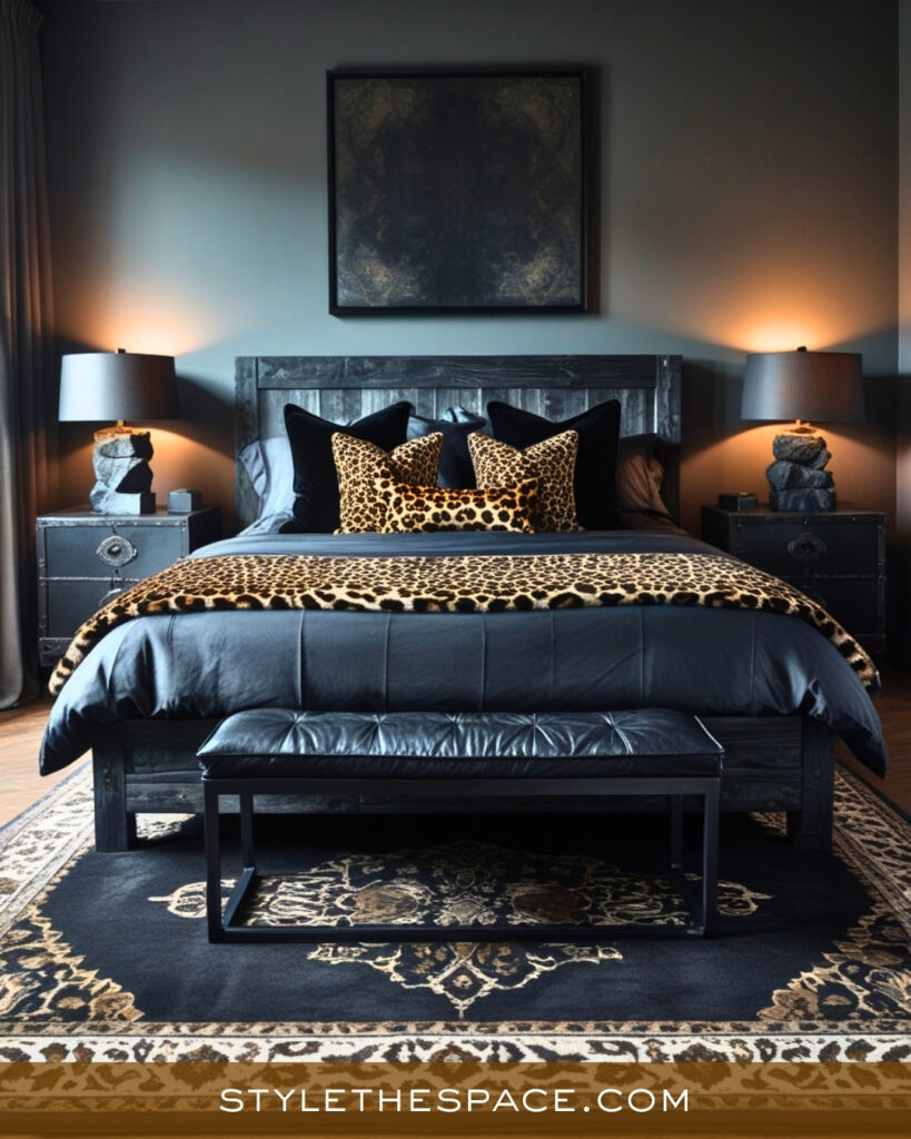Moody Charcoal Leopard Print Bedroom with Modern Edge