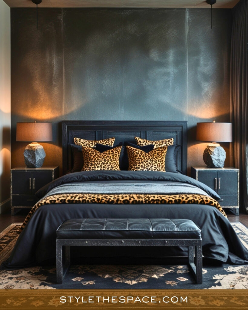 Moody Charcoal Leopard Print Bedroom with Modern Edge