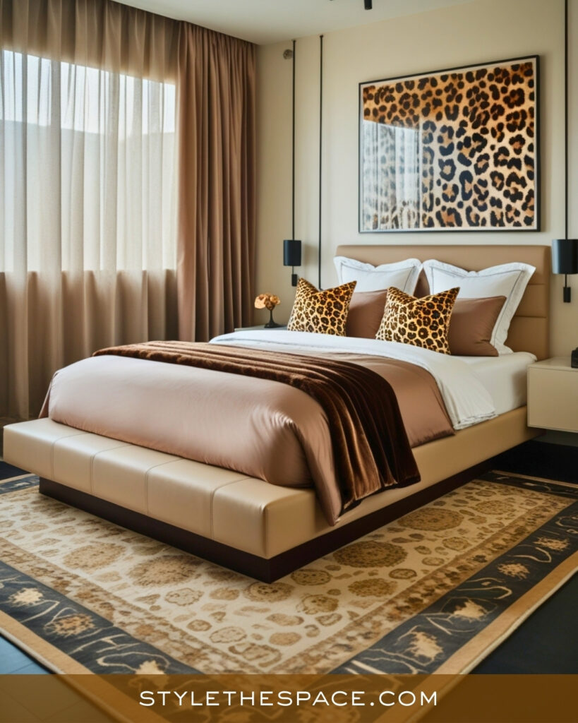 Beige and Brown Leopard Print Bedroom with Modern Warmth