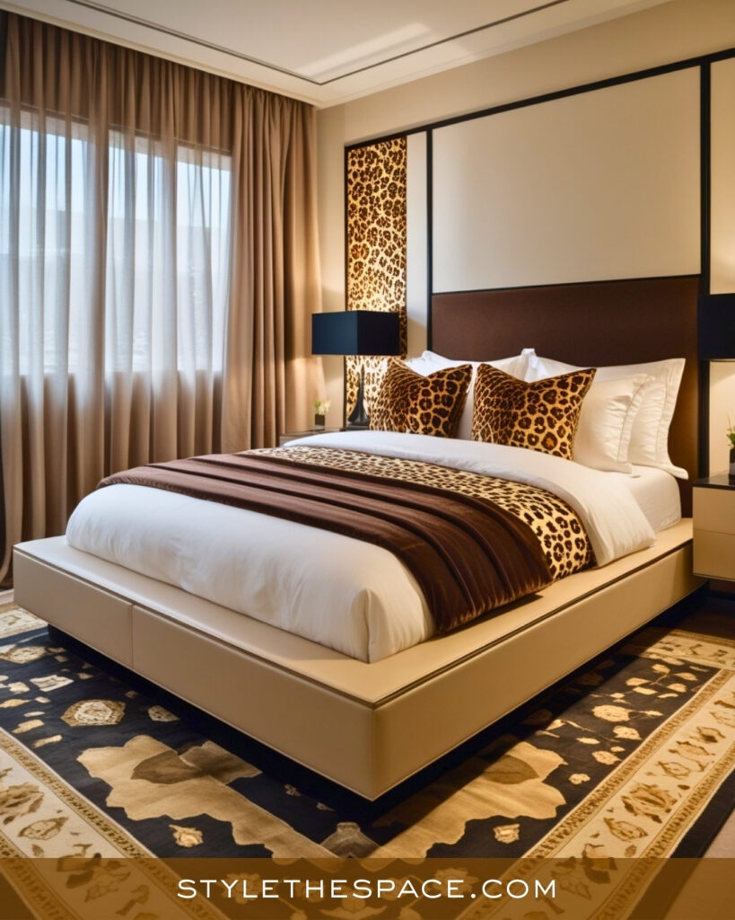 Beige and Brown Leopard Print Bedroom with Modern Warmth