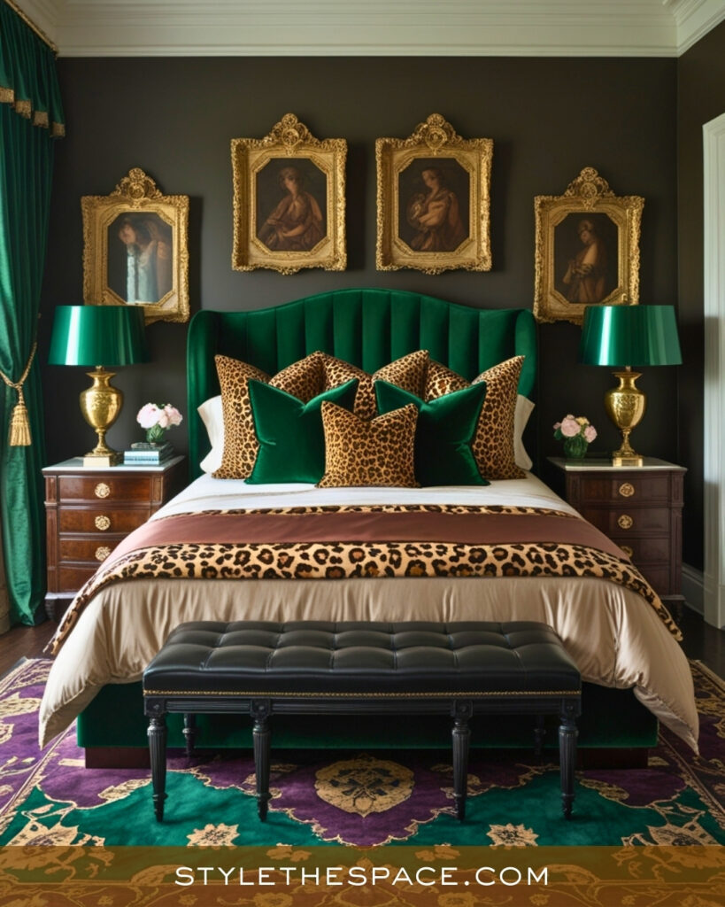 Emerald Green and Leopard Print Bedroom with Classic Elegance