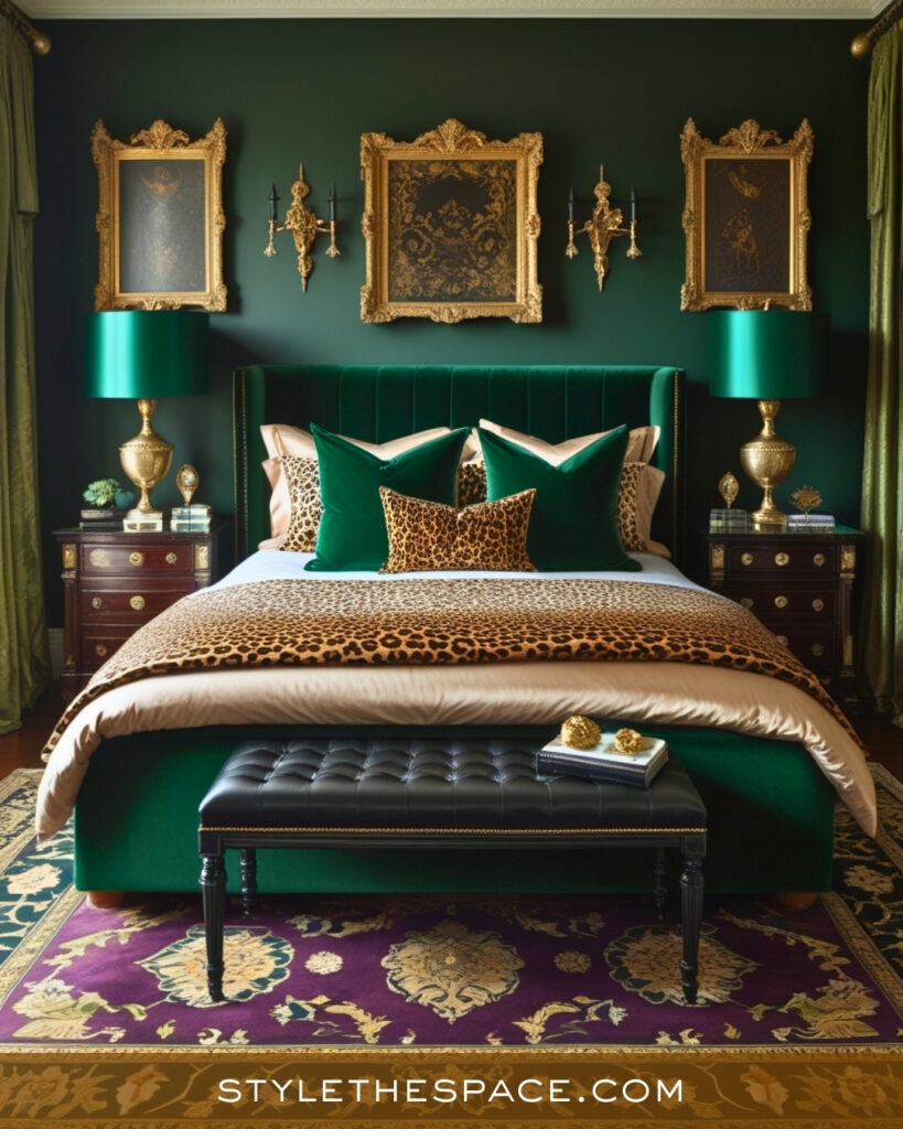 Emerald Green and Leopard Print Bedroom with Classic Elegance