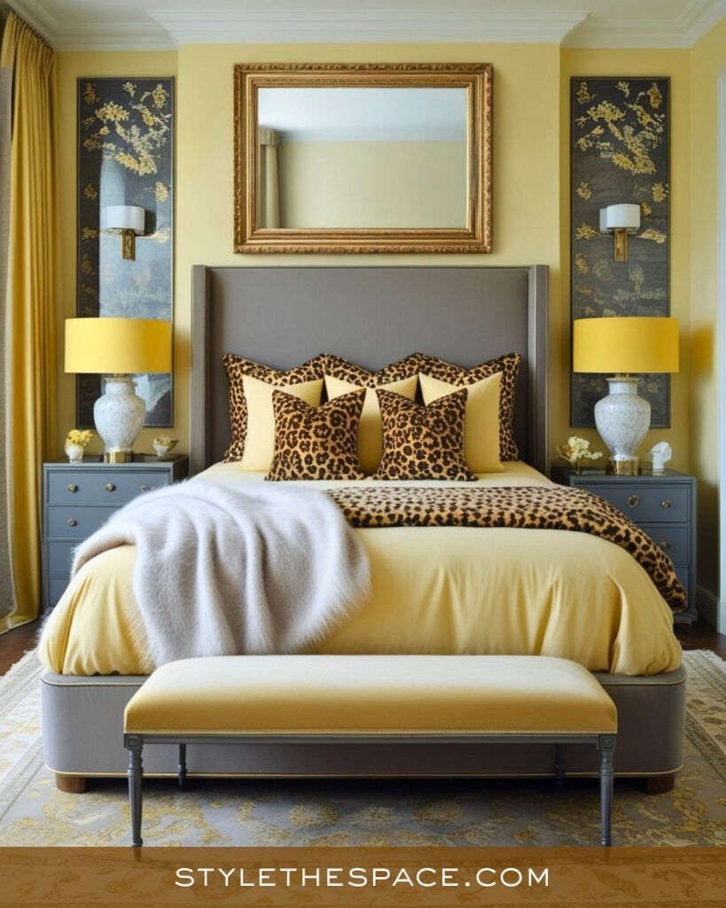 Yellow and Leopard Print Bedroom with Soft Grey Balance