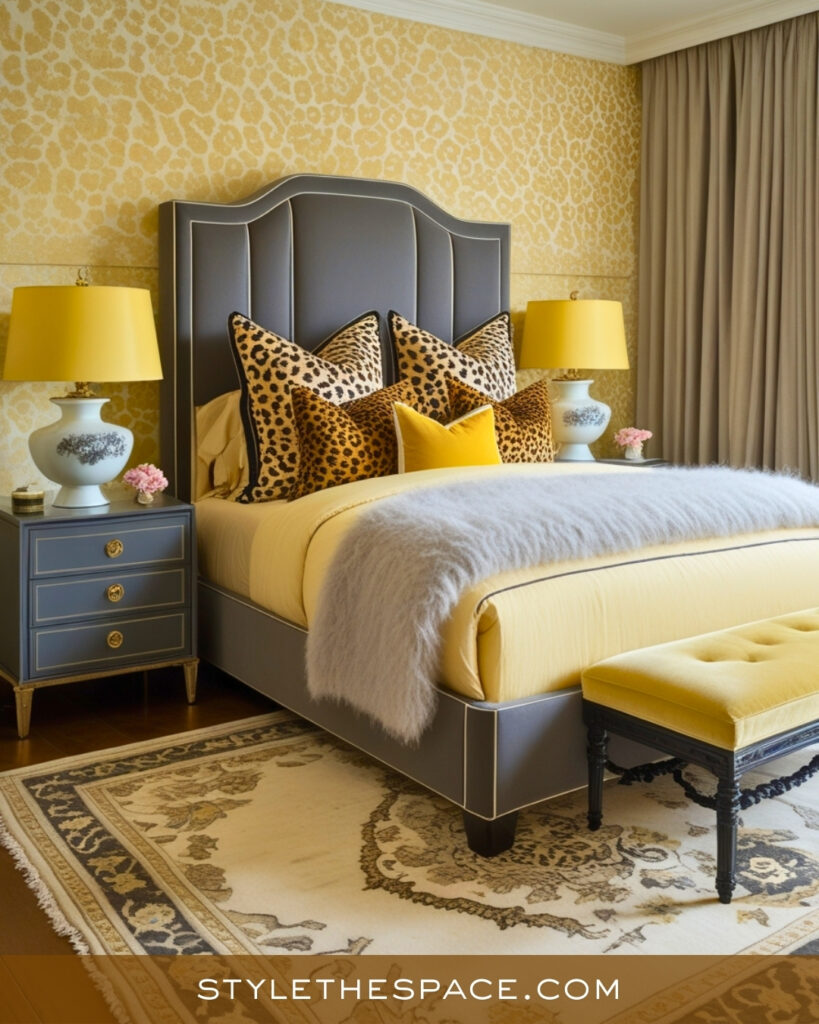 Yellow and Leopard Print Bedroom with Soft Grey Balance