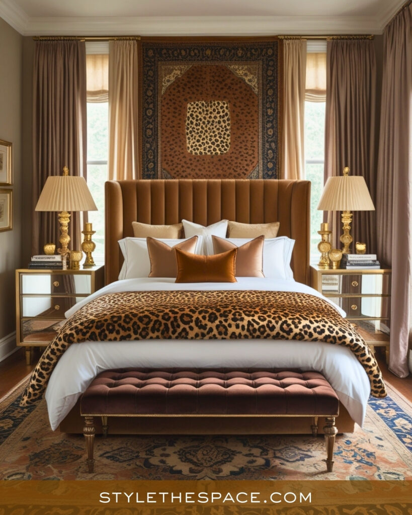 Leopard Print Bedroom with Warm Neutrals and Gold Accents
