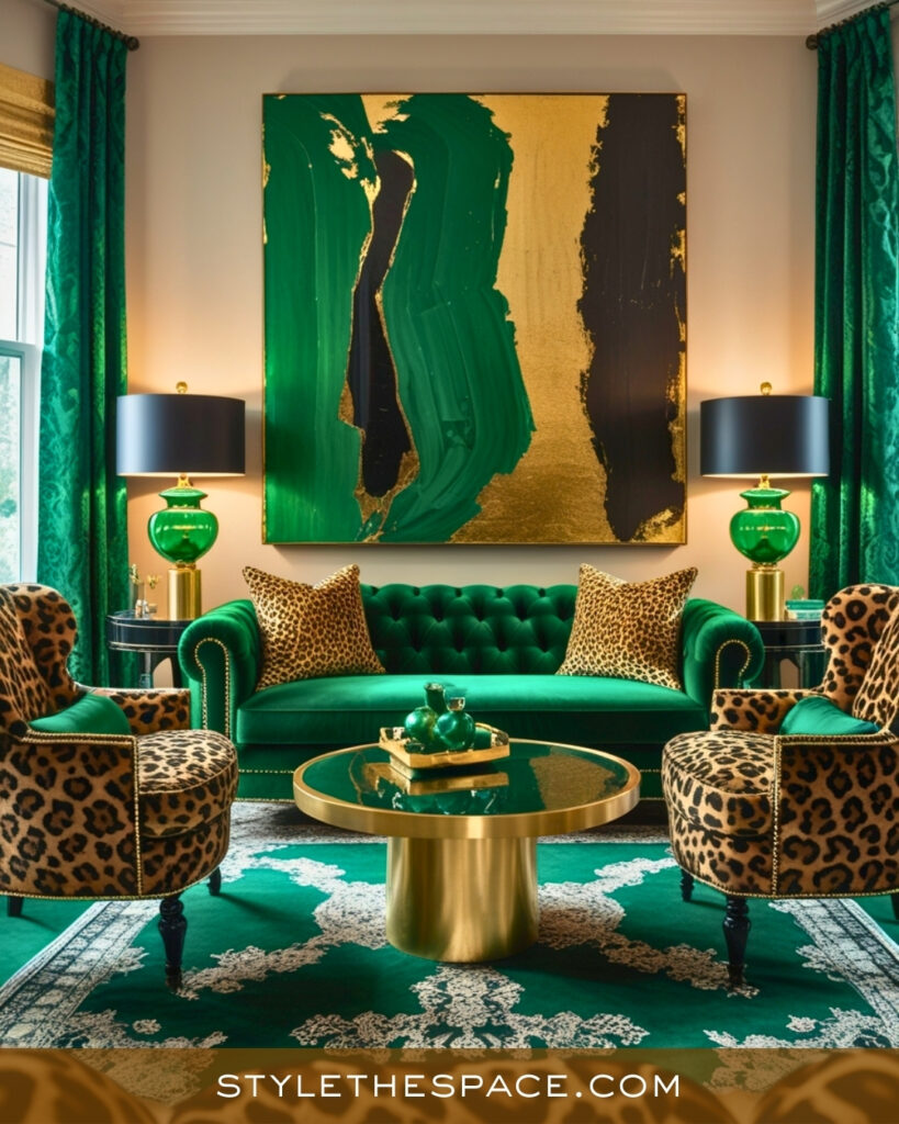 Leopard Print Living Room With Emerald Green and Gold Glamour