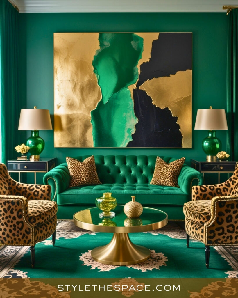 Leopard Print Living Room With Emerald Green and Gold Glamour