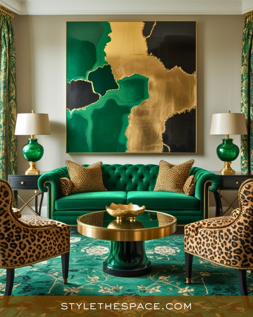Leopard Print Living Room With Emerald Green and Gold Glamour