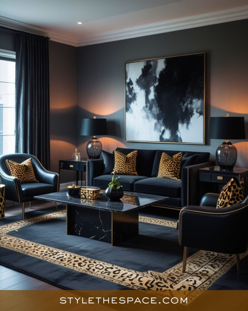 Leopard Print Living Room With Dark Modern Elegance