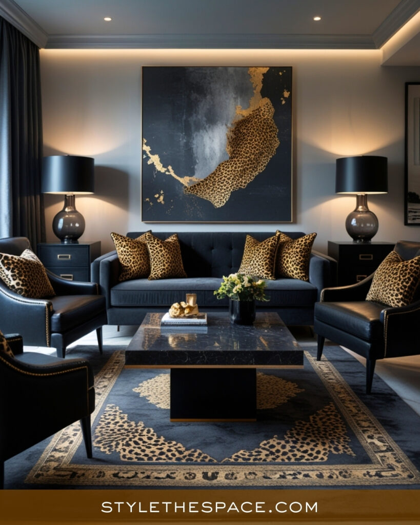 Leopard Print Living Room With Dark Modern Elegance