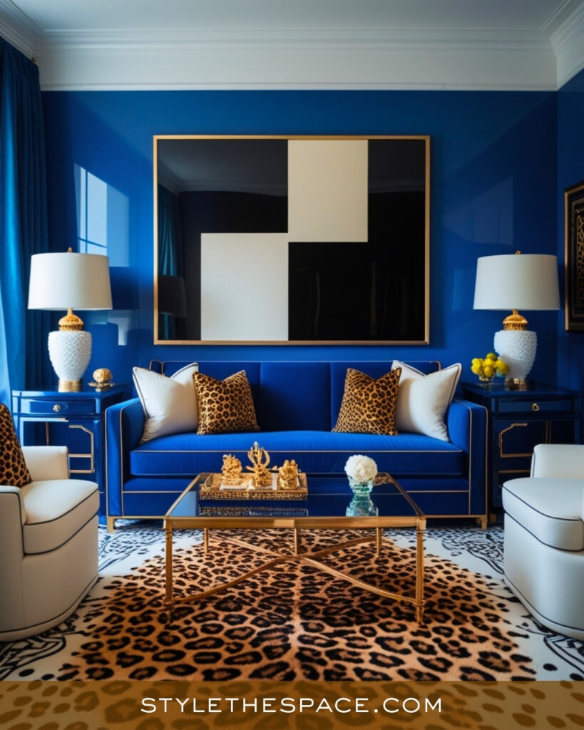 Leopard Print Living Room With Bold Blue and Gold Accents