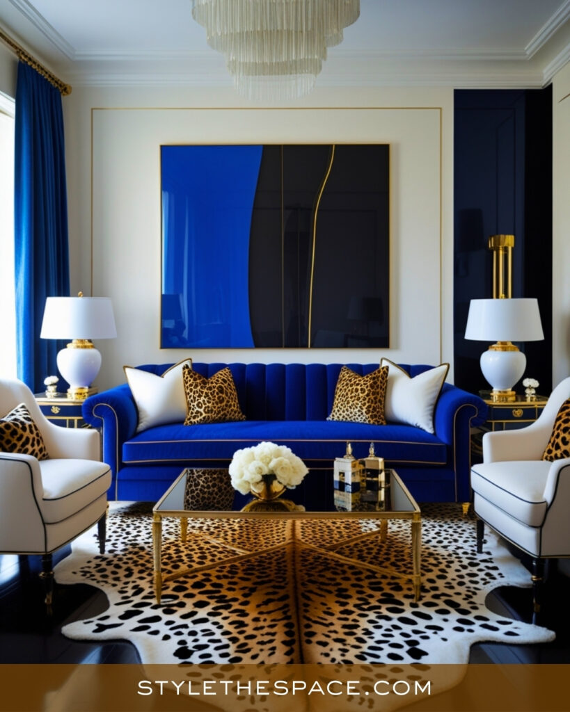 Leopard Print Living Room With Bold Blue and Gold Accents