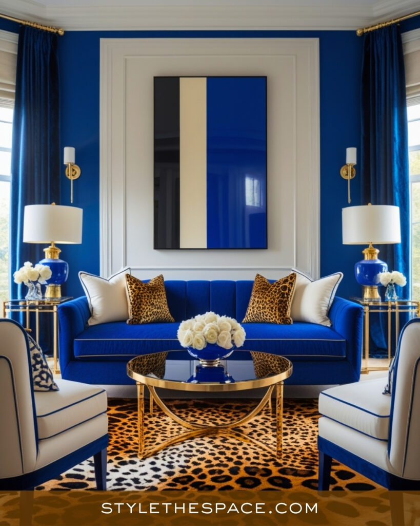 Leopard Print Living Room With Bold Blue and Gold Accents
