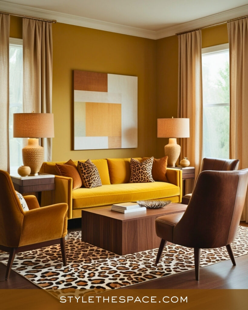 Leopard Print Living Room With Warm Mustard and Earthy Tones