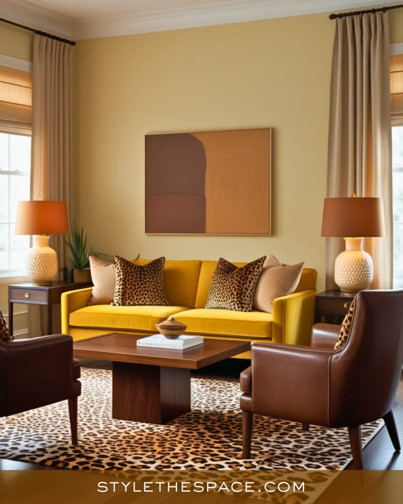 Leopard Print Living Room With Warm Mustard and Earthy Tones