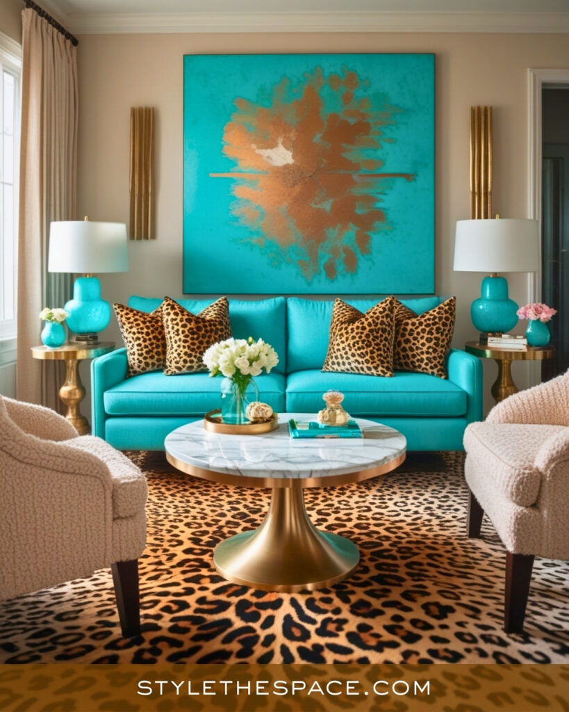 Leopard Print Living Room With Turquoise and Warm Metallics