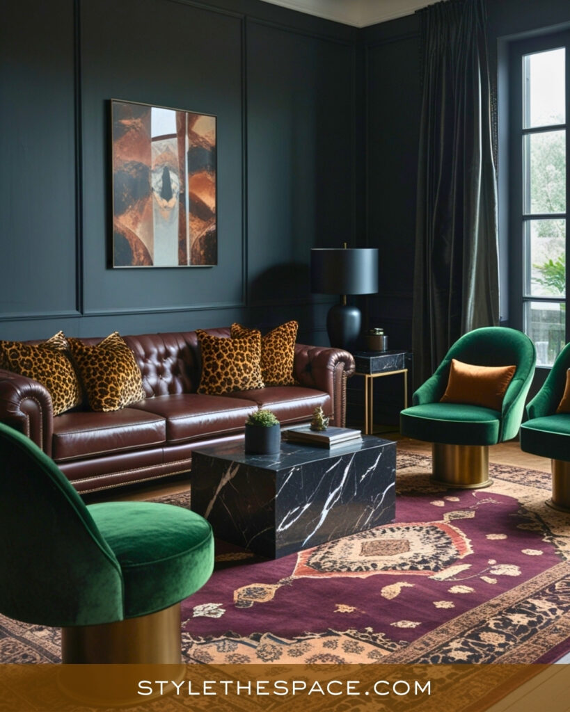 Leopard Print Living Room With Moody Jewel Tones