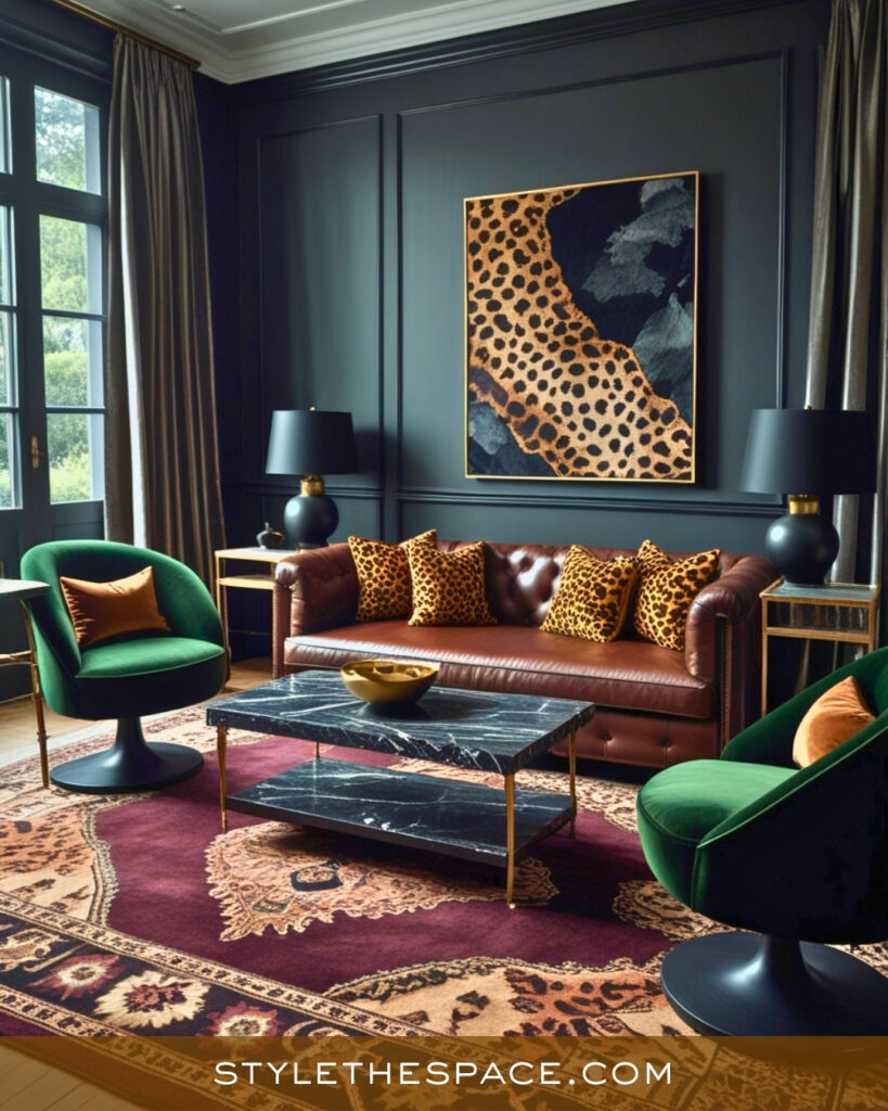 Leopard Print Living Room With Moody Jewel Tones