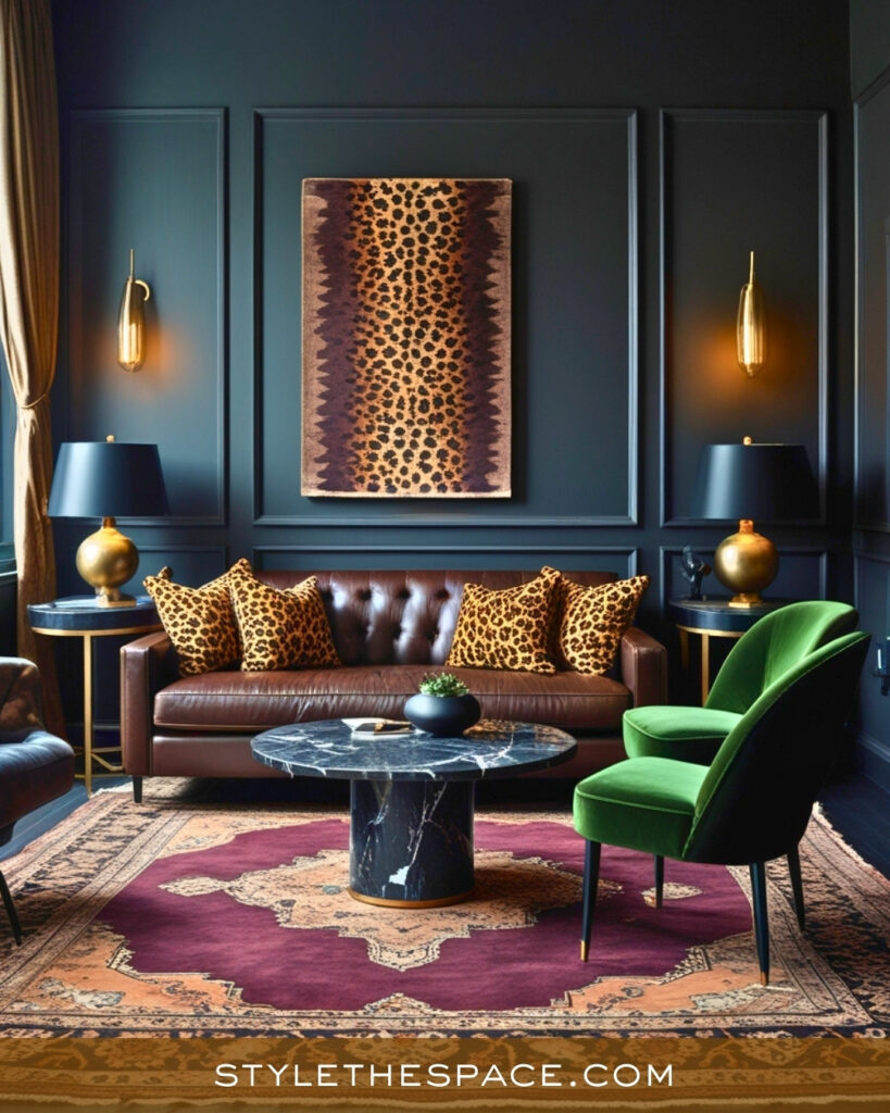 Leopard Print Living Room With Moody Jewel Tones