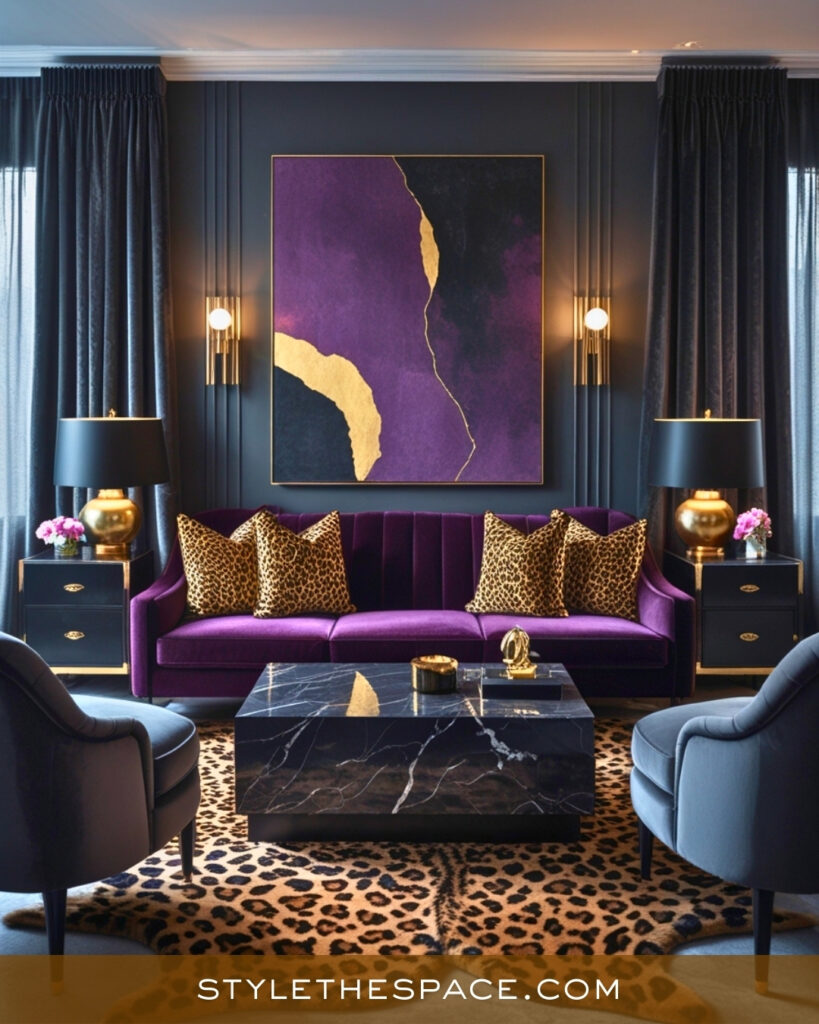 Leopard Print Living Room With Plum, Charcoal, and Gold Drama