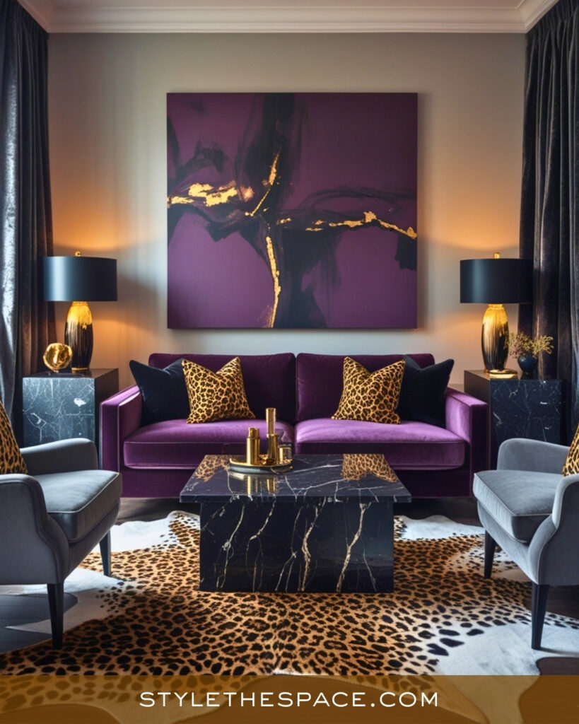 Leopard Print Living Room With Plum, Charcoal, and Gold Drama