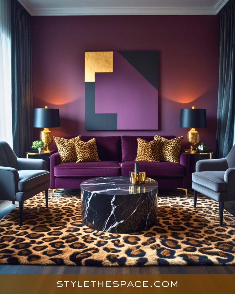 Leopard Print Living Room With Plum, Charcoal, and Gold Drama