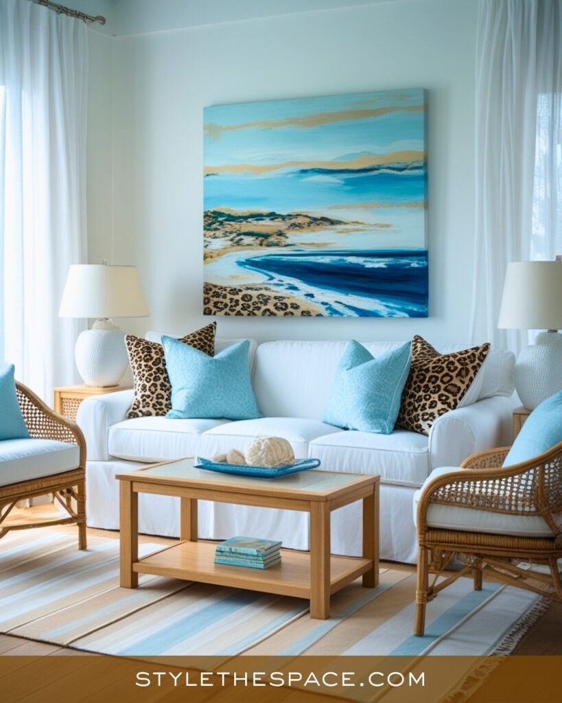 Leopard Print Living Room With Coastal Blue and Light Neutrals