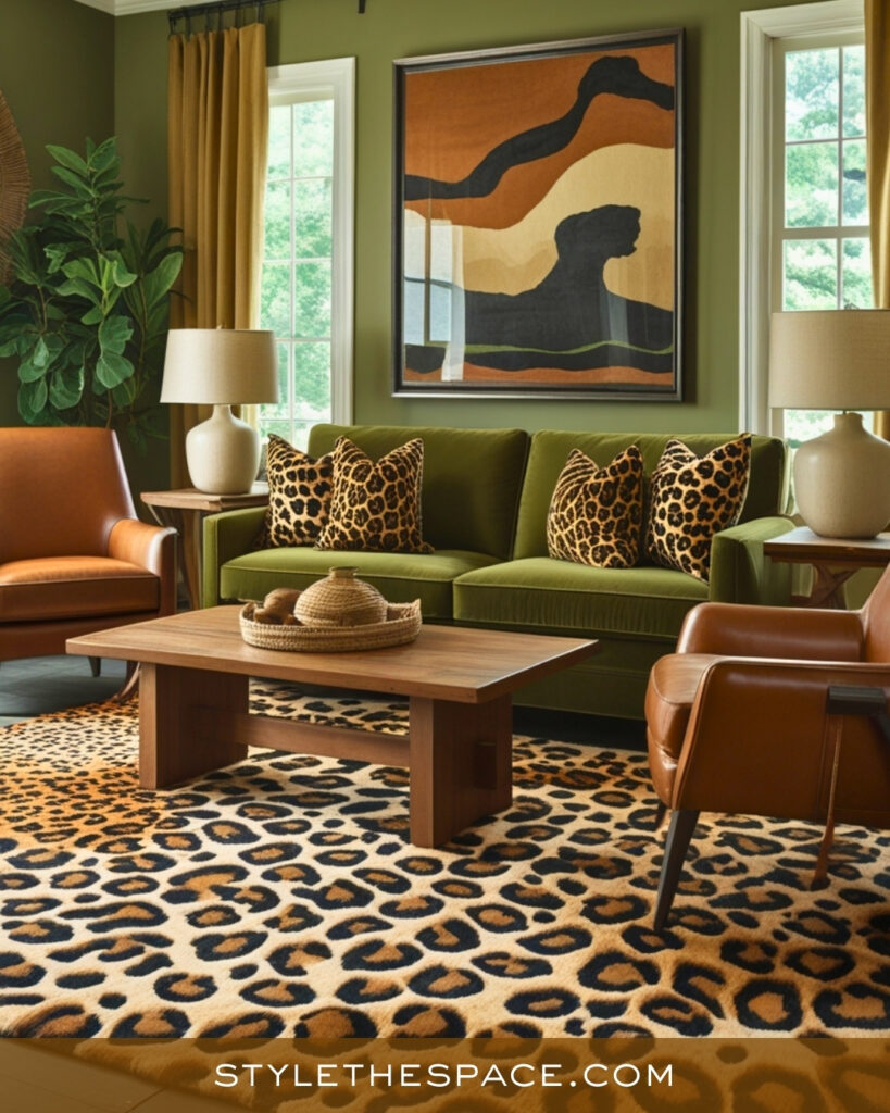 Leopard Print Living Room With Earthy Green and Warm Leather