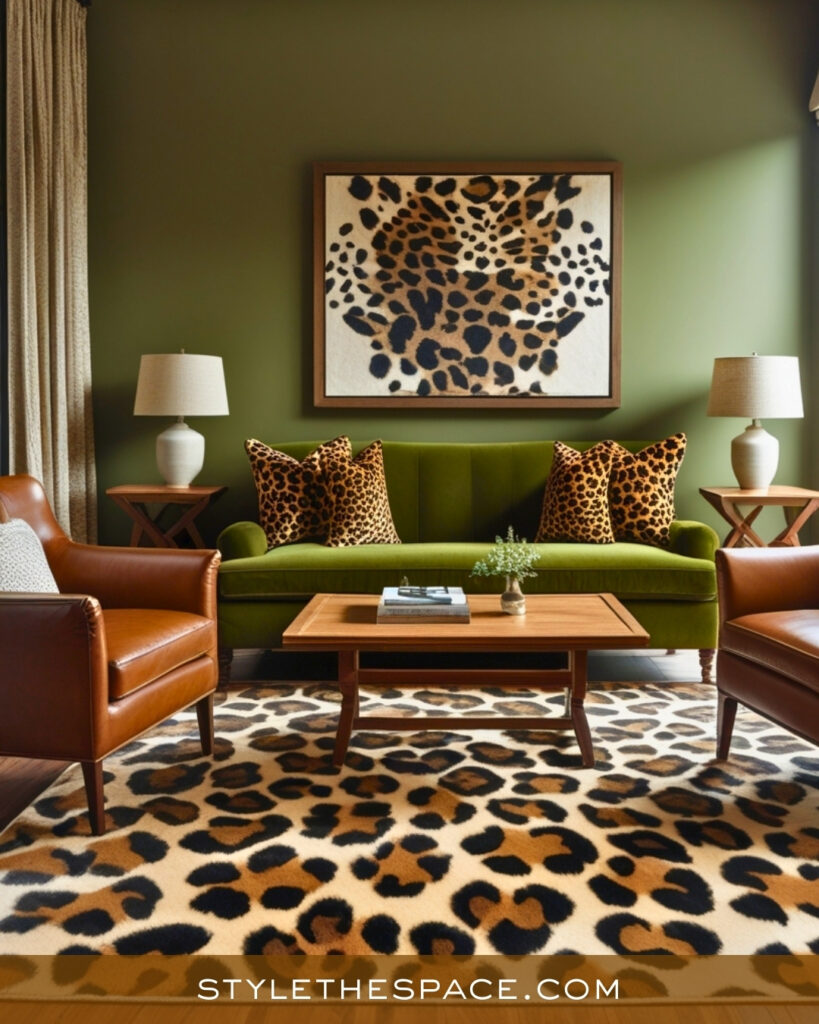 Leopard Print Living Room With Earthy Green and Warm Leather