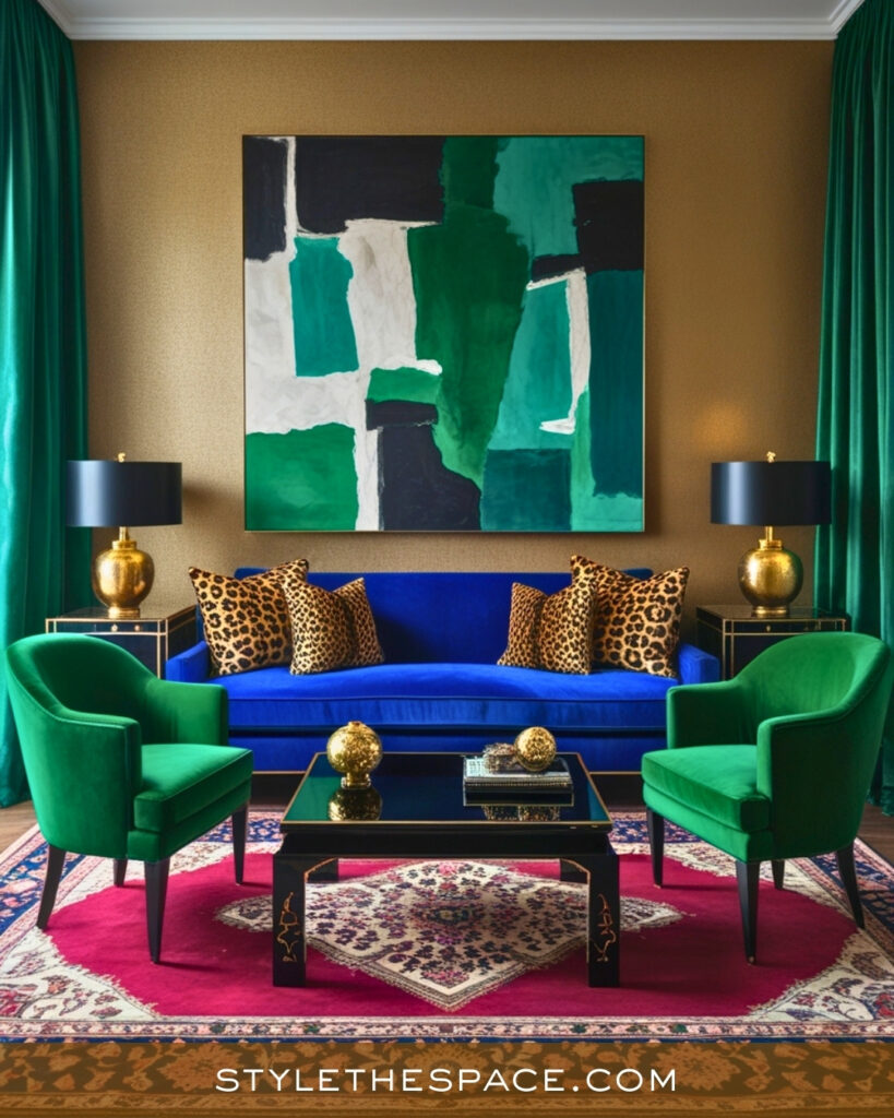 Leopard Print Living Room With Bold Color and Gold Accents