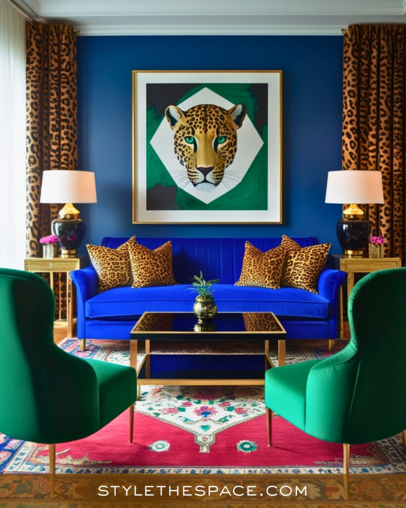 Leopard Print Living Room With Bold Color and Gold Accents