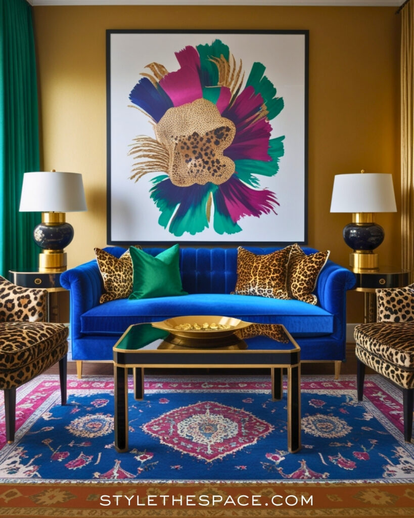 Leopard Print Living Room With Bold Color and Gold Accents