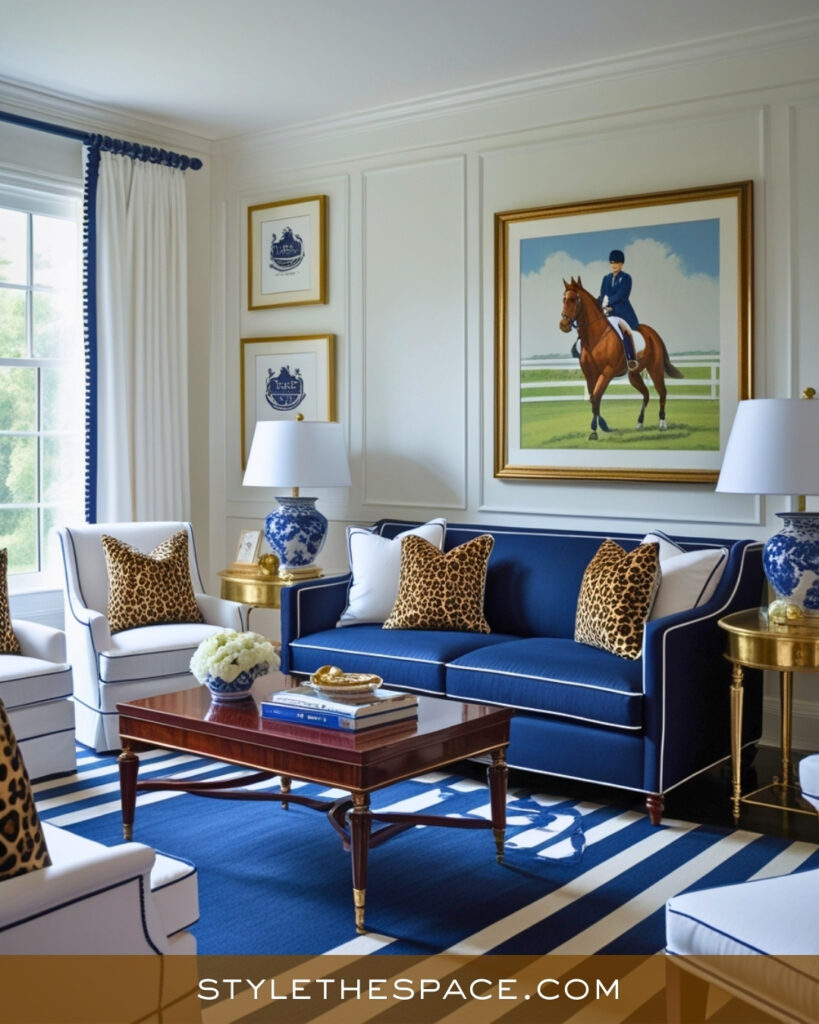Leopard Print Living Room With Preppy Blue and Classic Charm