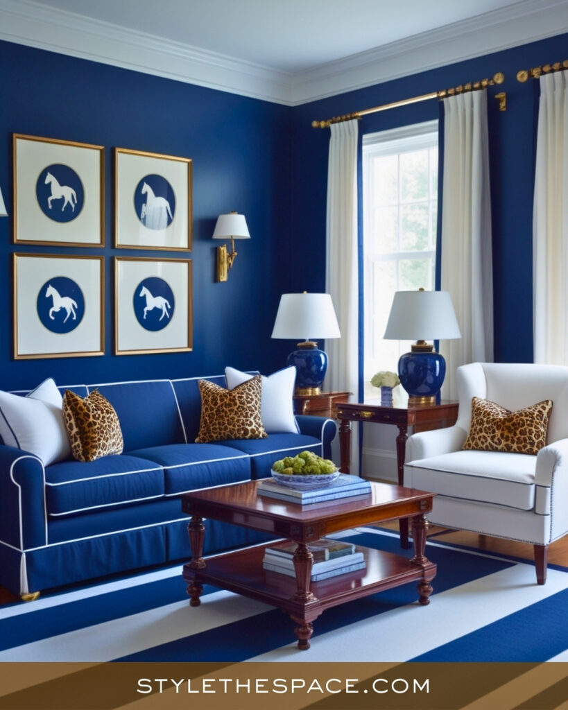 Leopard Print Living Room With Preppy Blue and Classic Charm