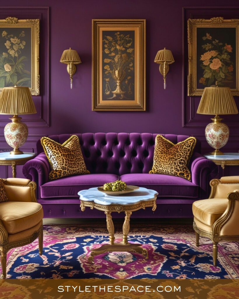 Leopard Print Living Room With Regal Purple and Vintage Elegance