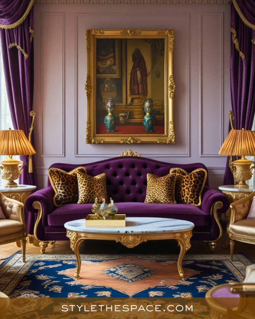 Leopard Print Living Room With Regal Purple and Vintage Elegance