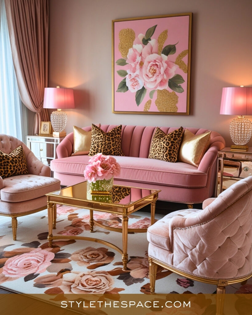 Leopard Print Living Room With Blush Pink and Soft Glam Style