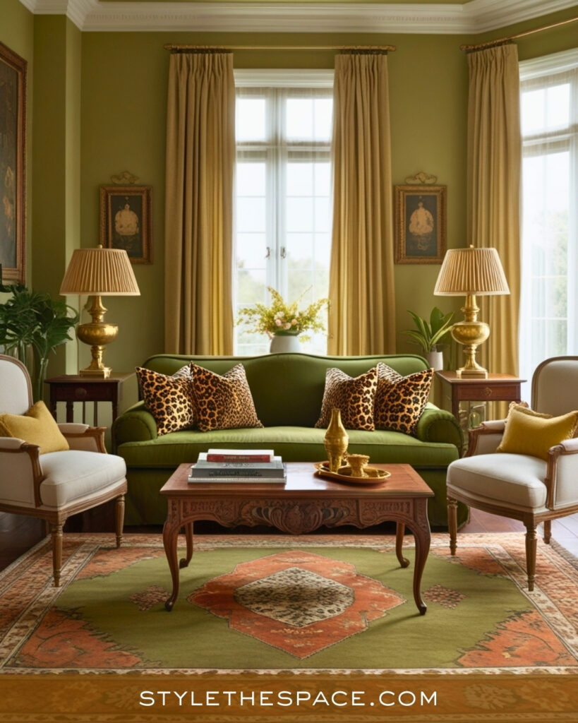 Leopard Print Living Room With Olive Green and Classic Warmth