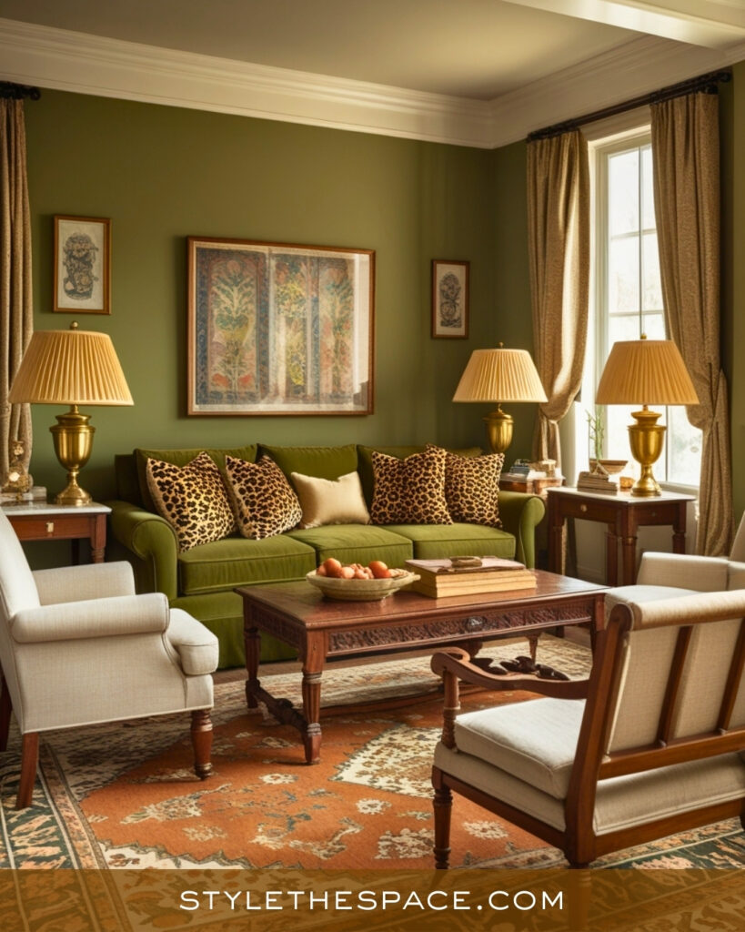 Leopard Print Living Room With Olive Green and Classic Warmth
