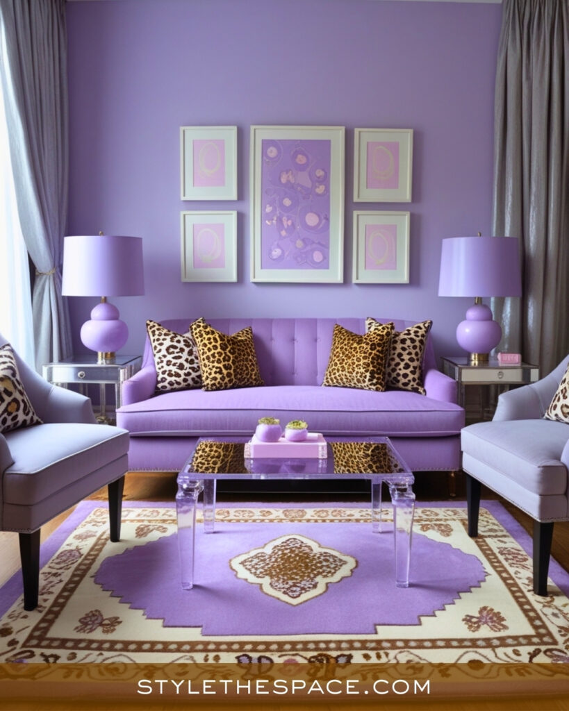 Leopard Print Living Room With Soft Lavender and Modern Glam