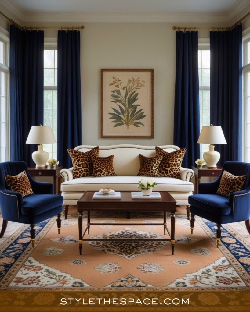 Leopard Print Living Room With Classic Blue and Neutral Balance