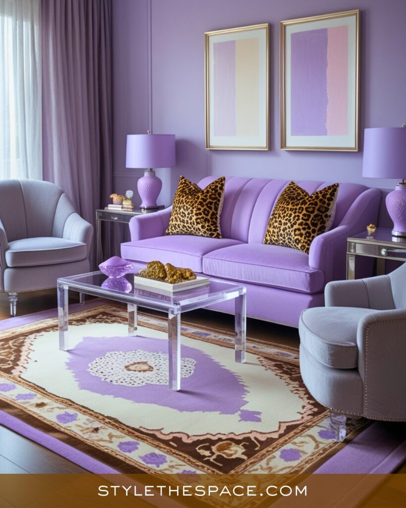Leopard Print Living Room With Soft Lavender and Modern Glam