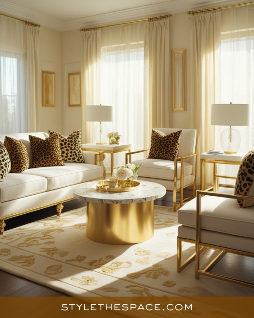 Leopard Print Living Room With Cream, Gold, and Soft Glam Elegance